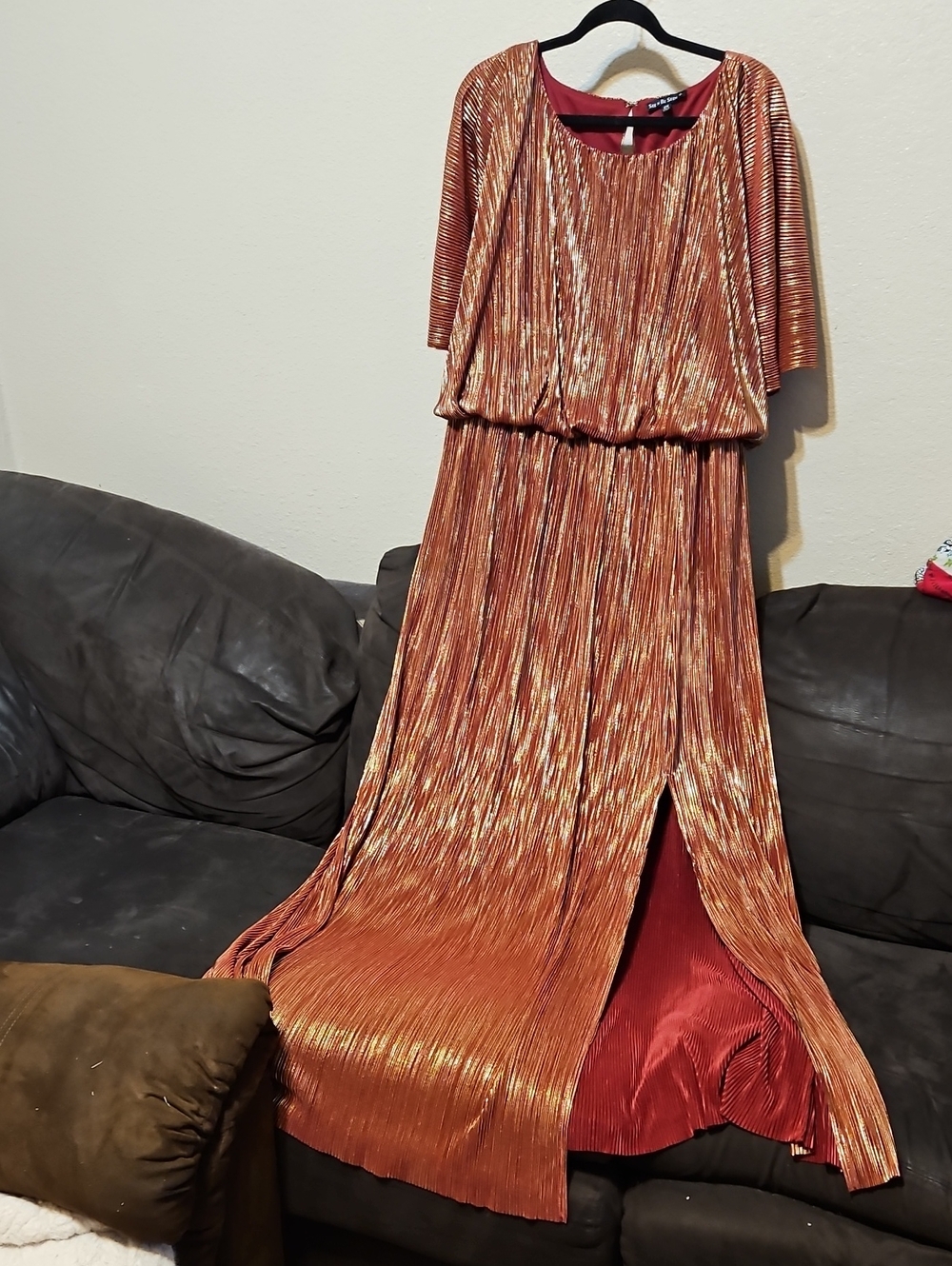 Elegant Rose Gold Metallic Pleated Maxi Dress